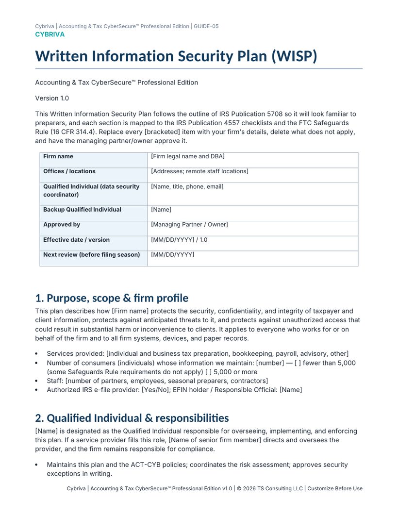 Sample first page of the Accounting & Tax CyberSecure Written Information Security Plan (WISP) template
