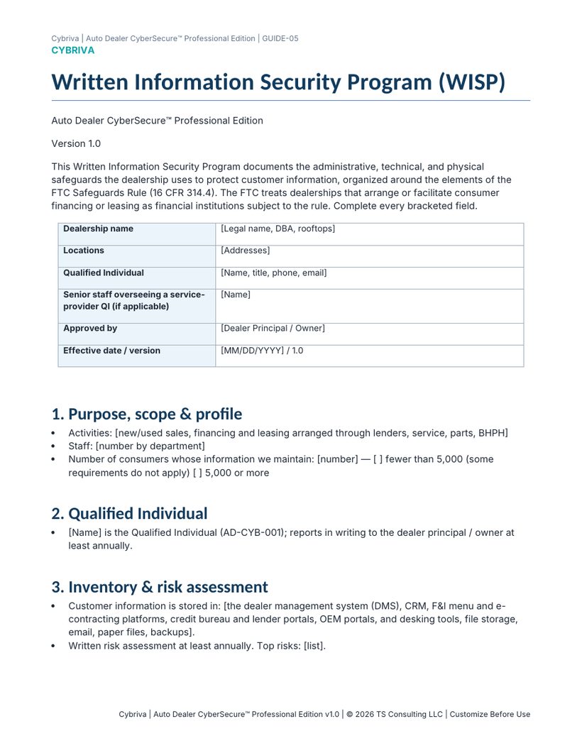 Sample first page of the Auto Dealer CyberSecure Written Information Security Program (WISP) template