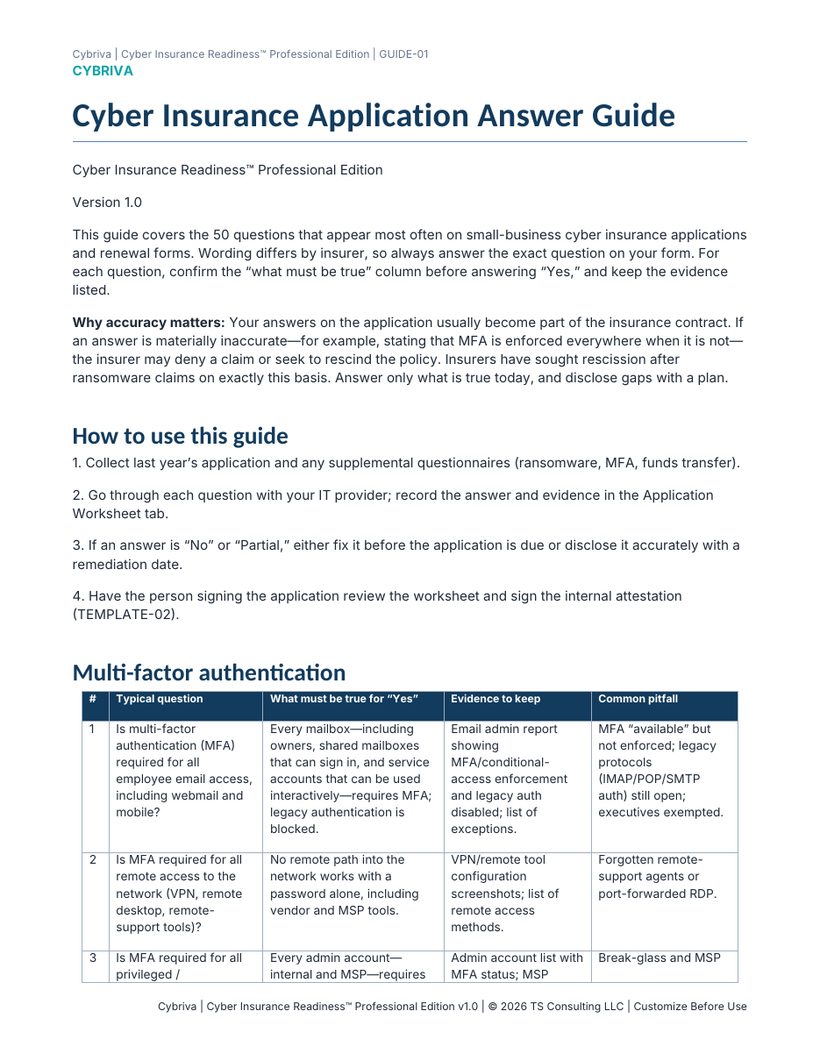 Sample first page of the Cyber Insurance Readiness Cyber Insurance Application Answer Guide template
