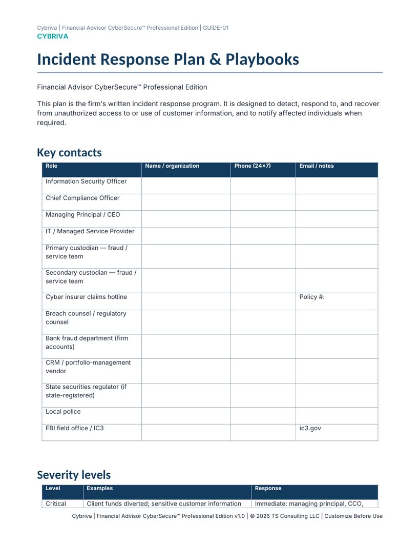 Sample first page of the Financial Advisor CyberSecure Incident Response Plan & Playbooks template