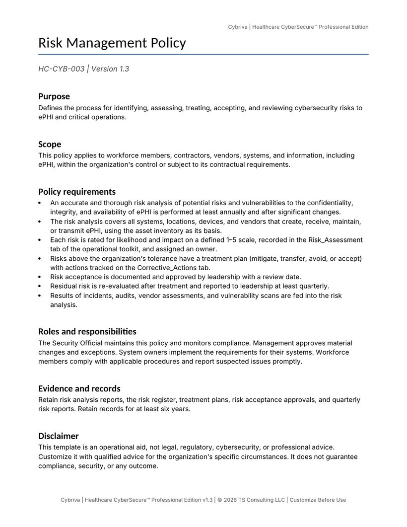 Sample first page of the Healthcare CyberSecure Risk Management Policy template