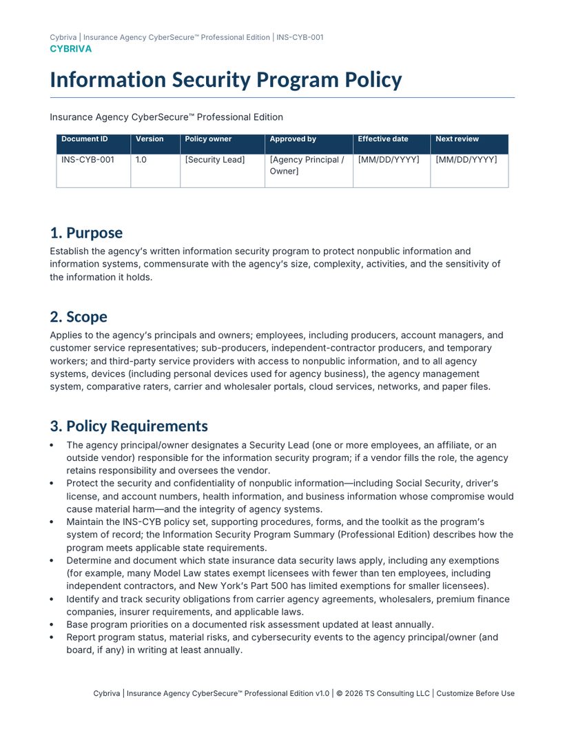 Sample first page of the Insurance Agency CyberSecure Information Security Program Policy template