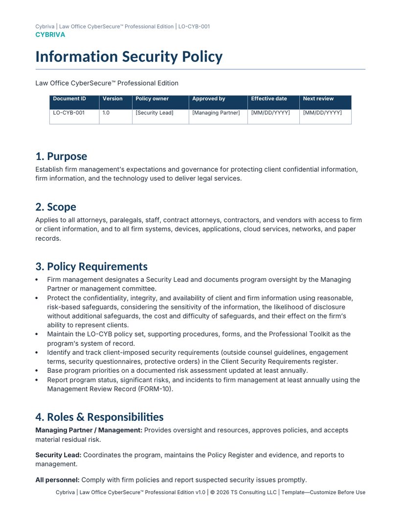 Sample first page of the Law Office CyberSecure Information Security Policy template