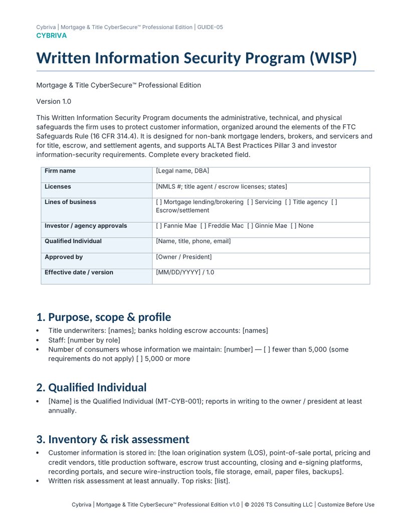 Sample first page of the Mortgage & Title CyberSecure Written Information Security Program (WISP) template