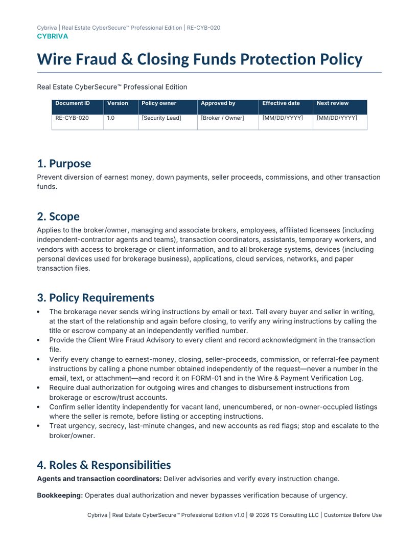 Sample first page of the Real Estate CyberSecure Wire Fraud & Closing Funds Protection Policy template