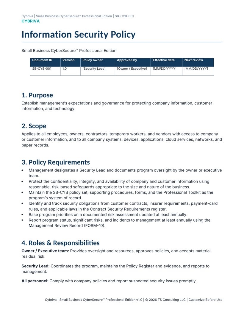 Sample first page of the Small Business CyberSecure Information Security Policy template
